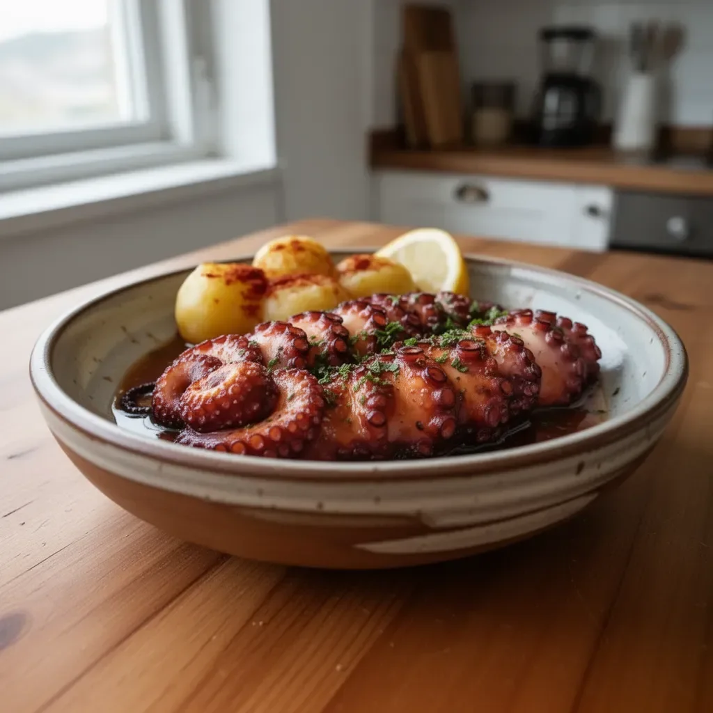 Delicious Galician-style octopus dish garnished with spices and olive oil