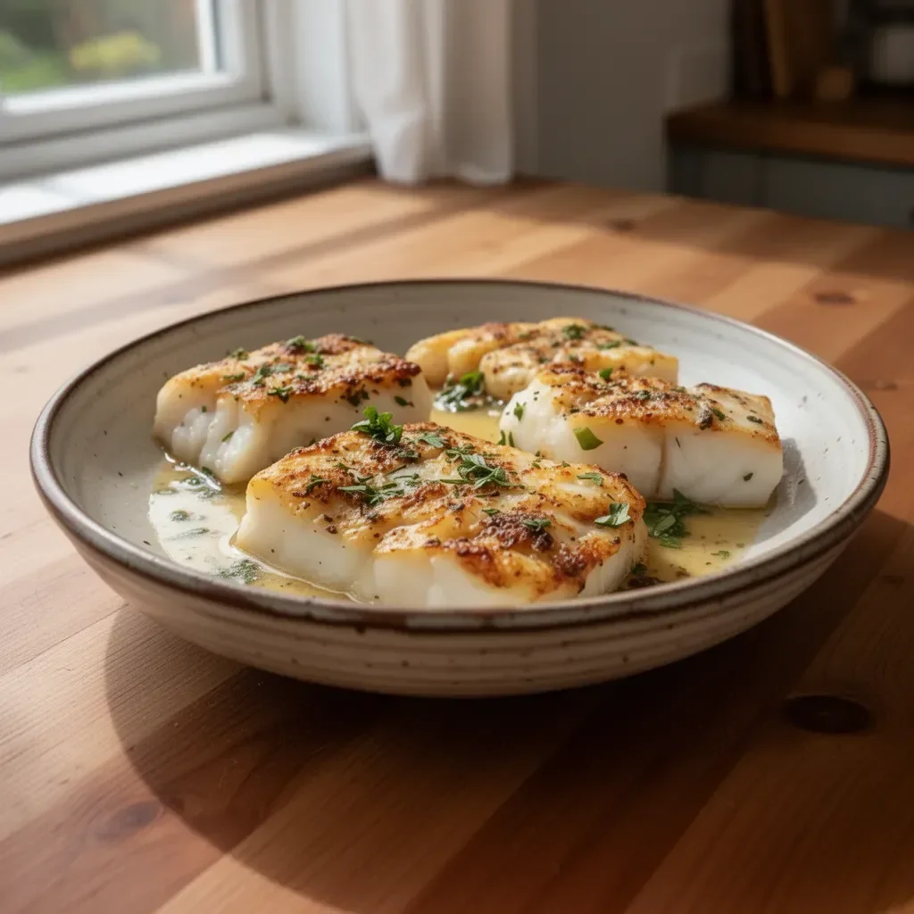 Delicious garlic butter baked cod served on a plate with herbs.