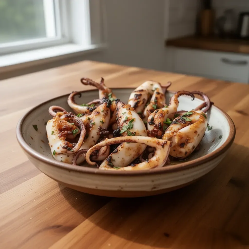 Delicious garlic parsley grilled squid tapas served on a plate