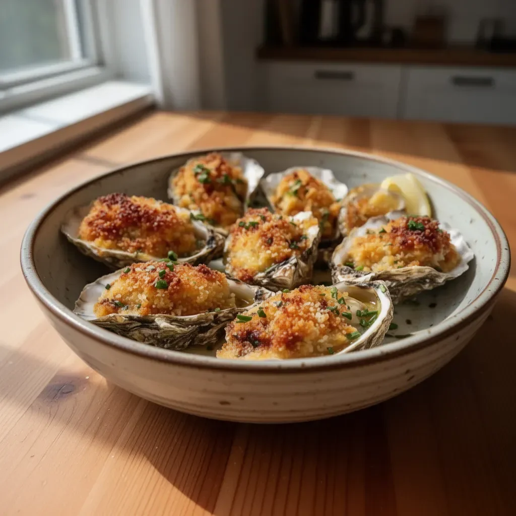 Golden baked oysters topped with breadcrumbs and herbs, delicious seafood dish