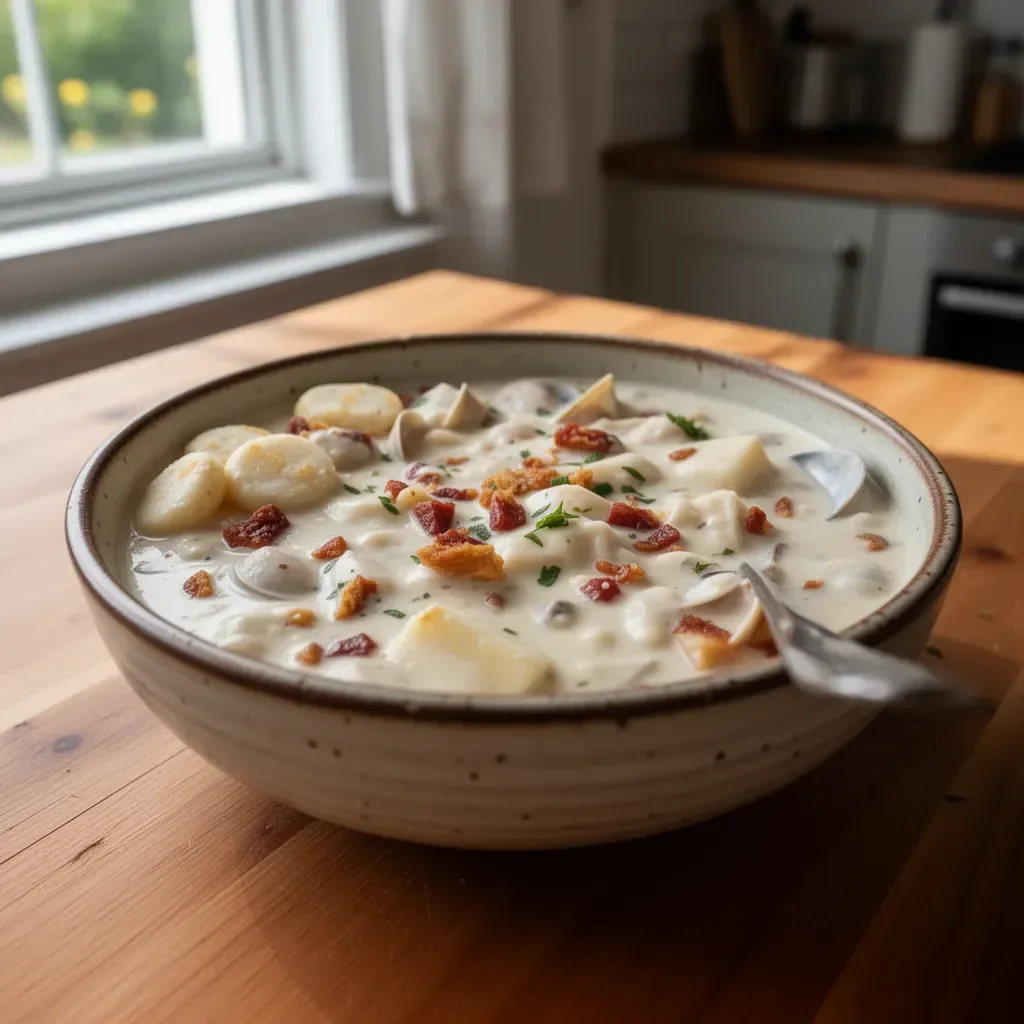 Bowl of Gordon Ramsay's creamy clam chowder topped with parsley.