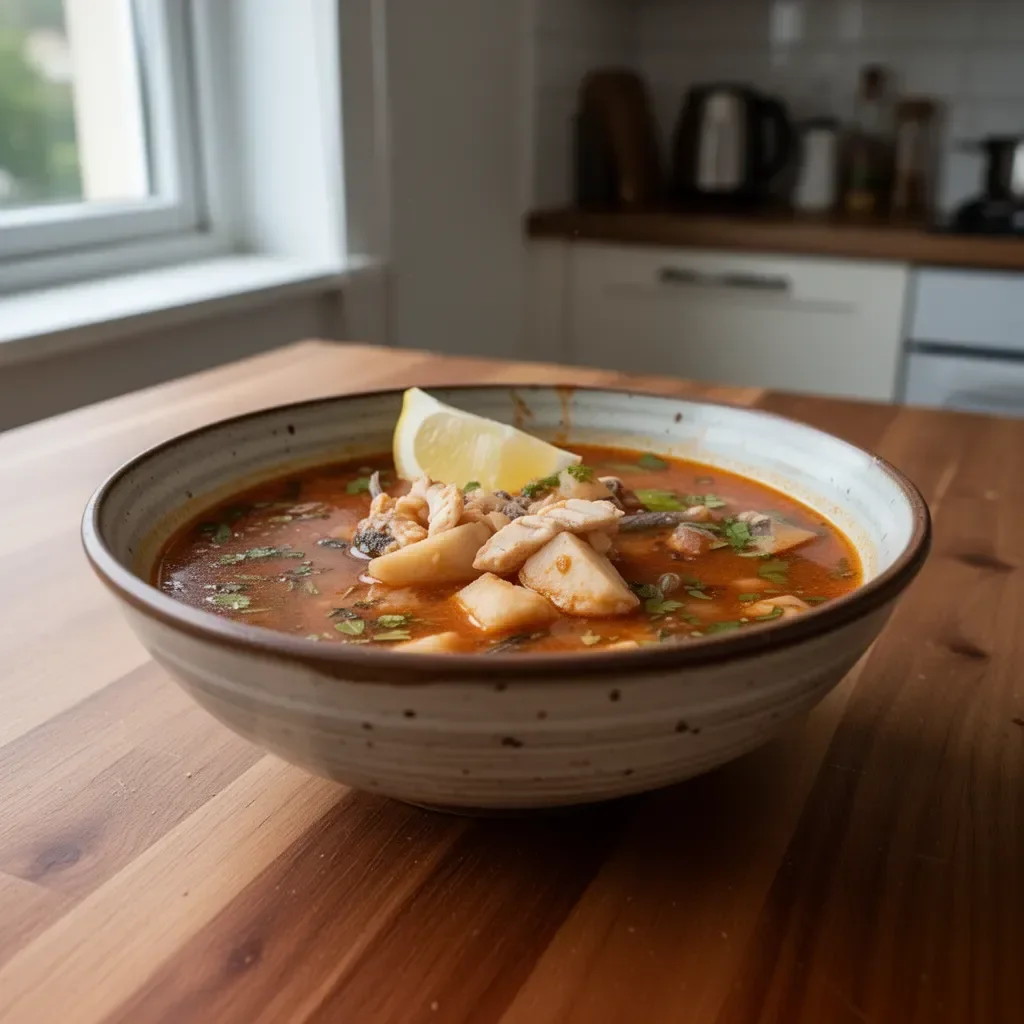 Delicious Greek Kakavia served in a rustic bowl with fresh herbs and seafood.