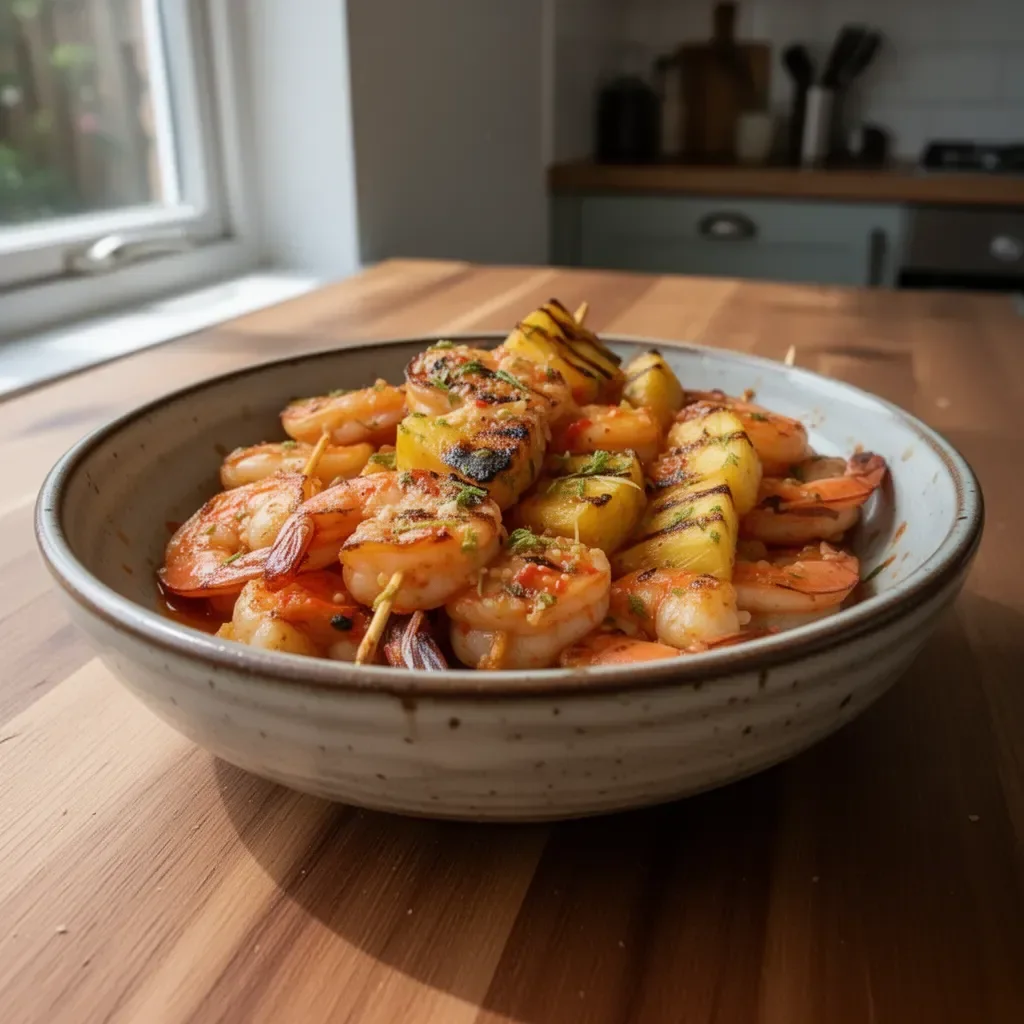 Grilled sweet chili shrimp with coconut and pineapple on a platter