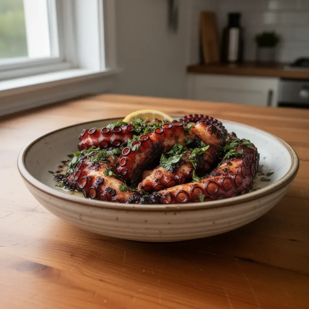 Grilled octopus served with herbs and lemon on a plate