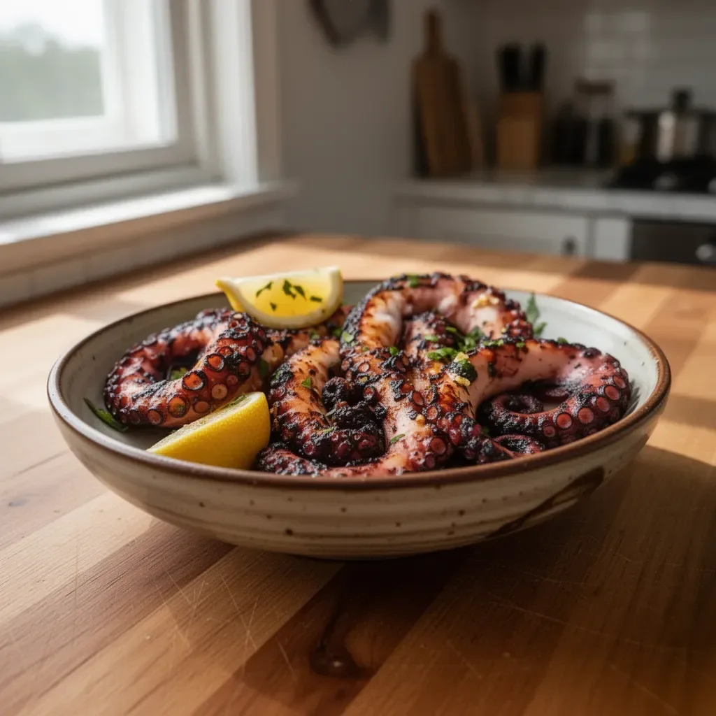 Deliciously grilled octopus served on a plate with garnishes.