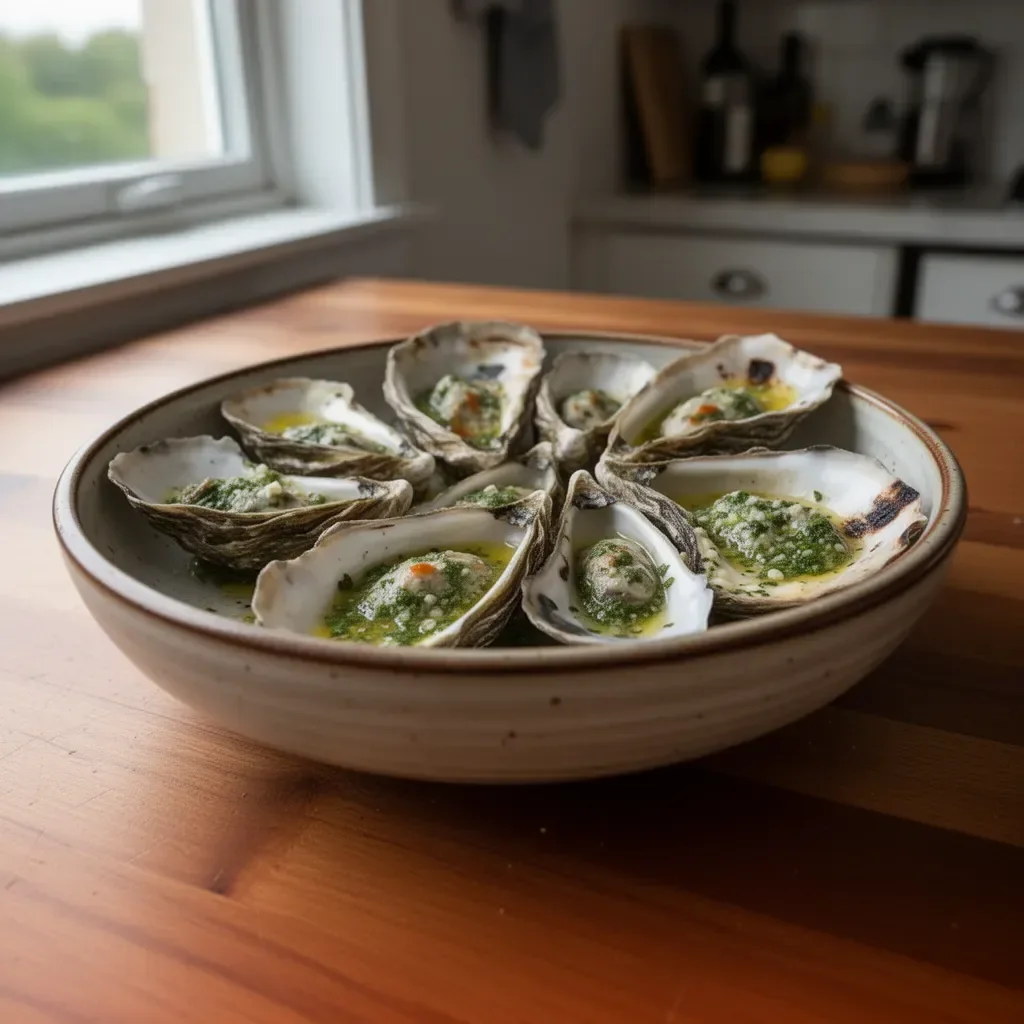 Grilled oysters topped with savory butter on a plate