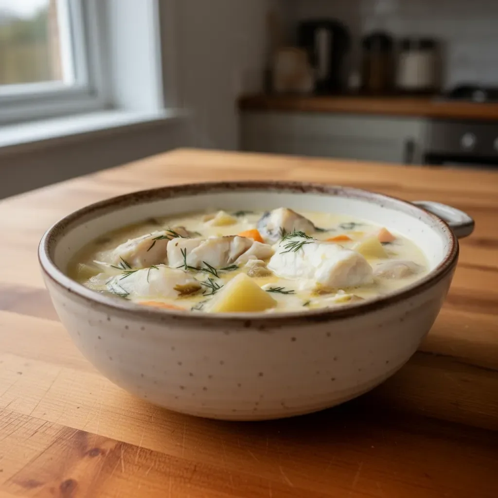 Bowl of creamy haddock chowder garnished with herbs and crackers