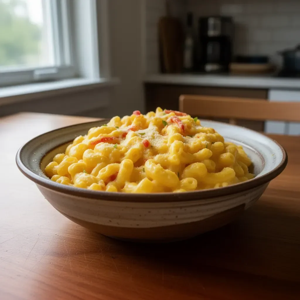 Delicious Haitian Mac and Cheese served in a bowl, showcasing creamy, cheesy goodness.