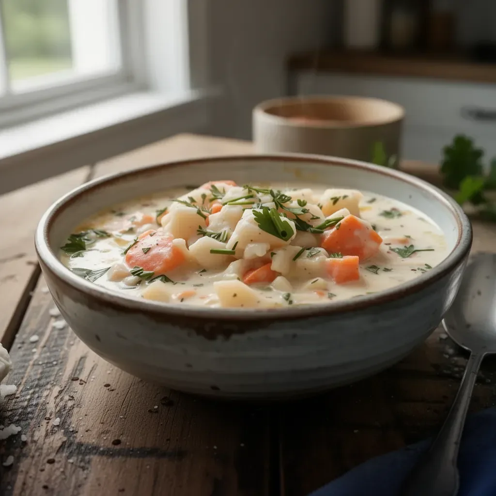 Delicious bowl of Halibut Chowder garnished with herbs