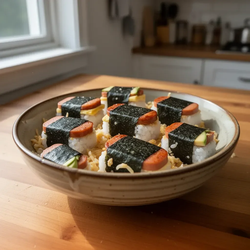 Delicious Hawaiian Spam Sushi with vibrant ingredients and flavors.