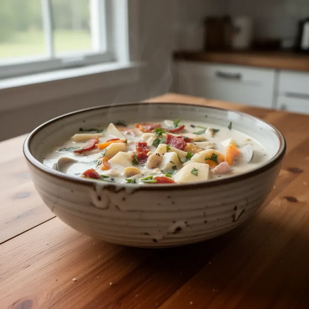 Bowl of homemade clam chowder with fresh herbs