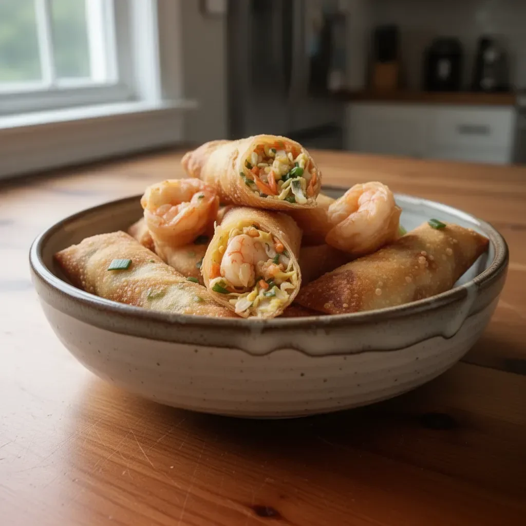 Homemade shrimp egg rolls on a plate with dipping sauce