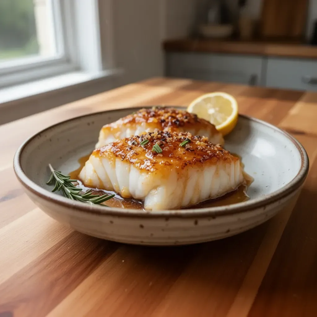 Delicious honey glazed cod served with fresh vegetables on a plate.
