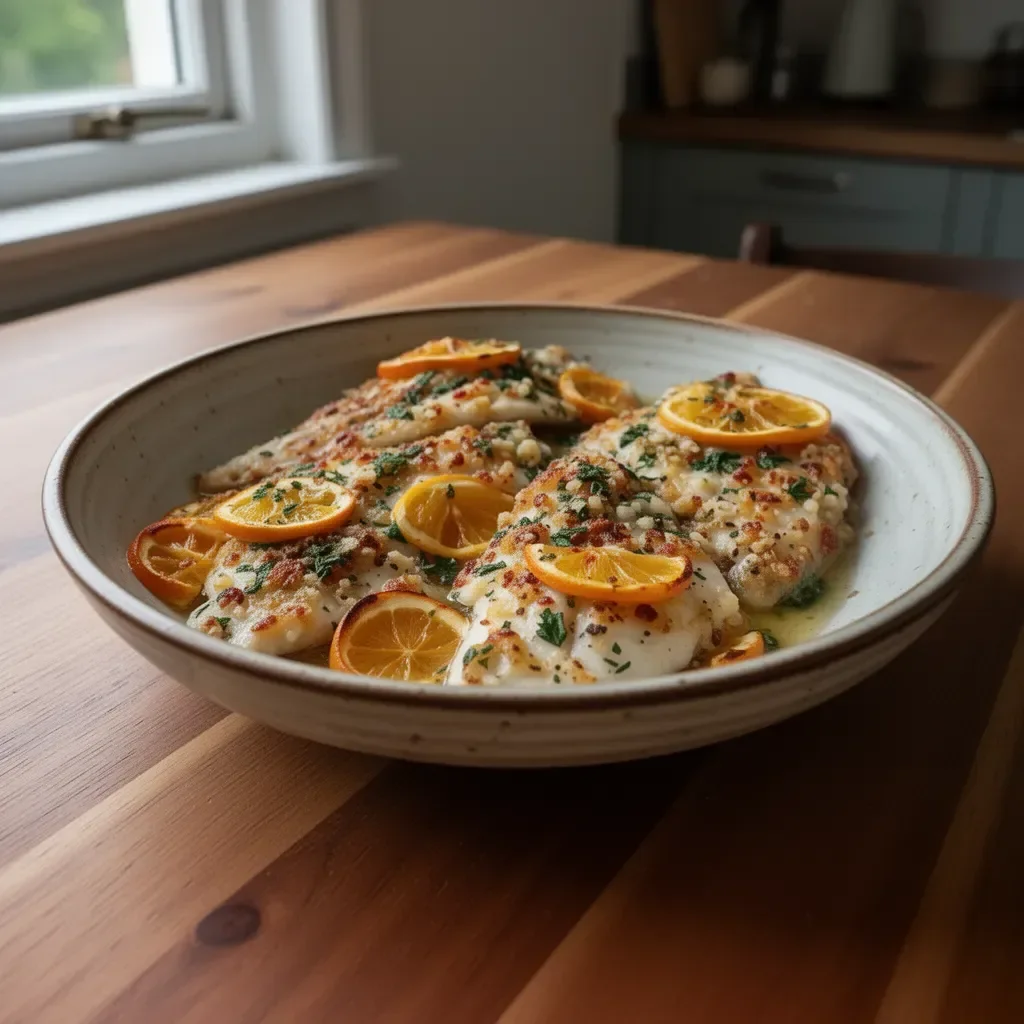 Baked sole fish with herbs and lemon served on a plate