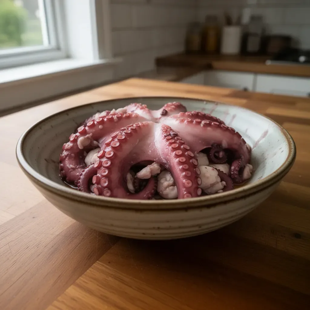 Cooking octopus with spices and fresh ingredients on a plate