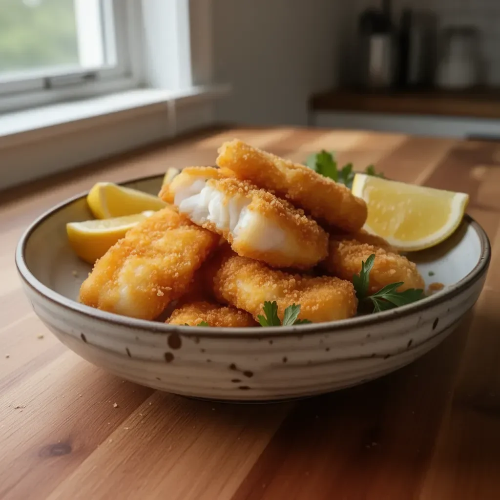 Crispy fried cod fillets served with lemon and tartar sauce