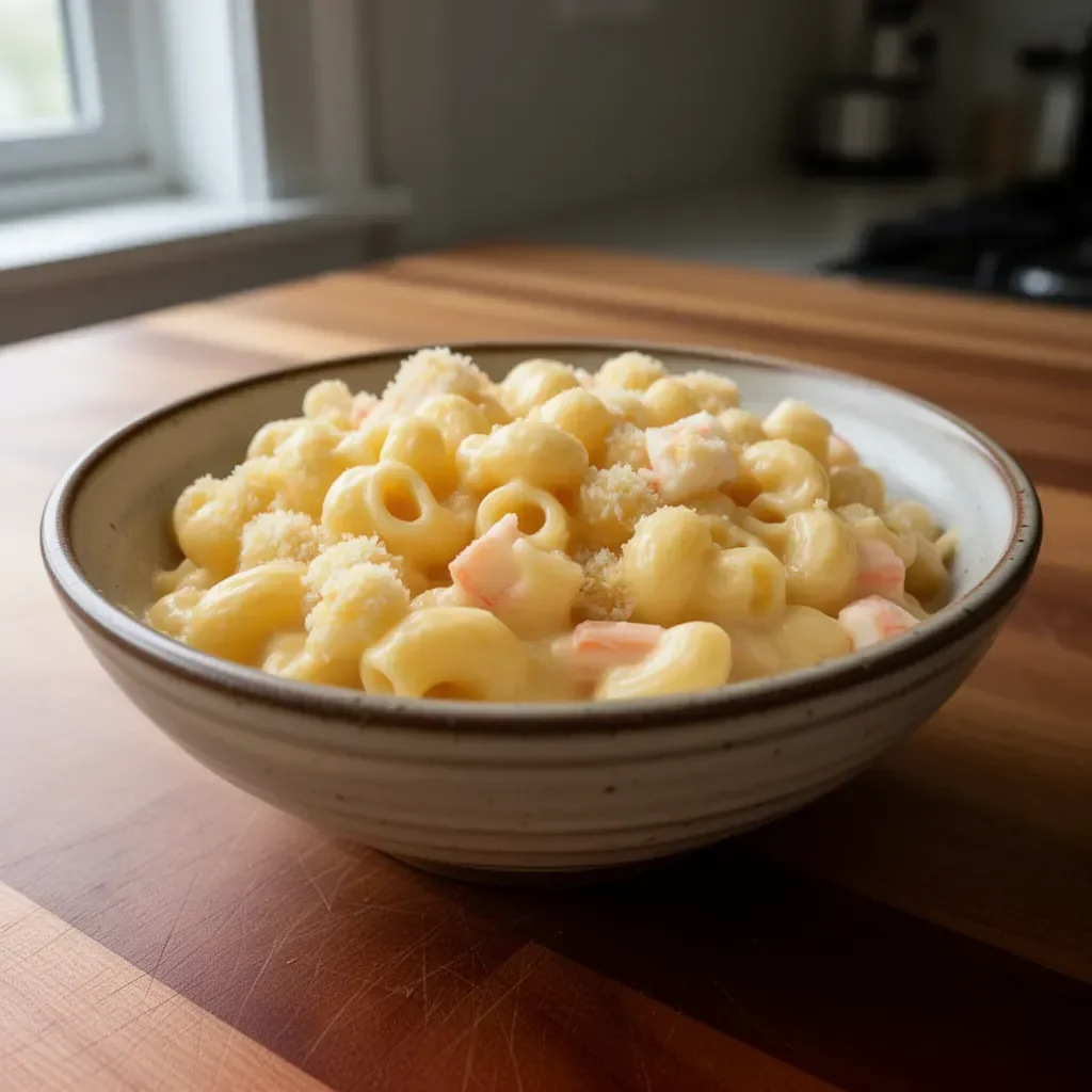 Bowl of imitation crab mac and cheese topped with herbs and crab meat