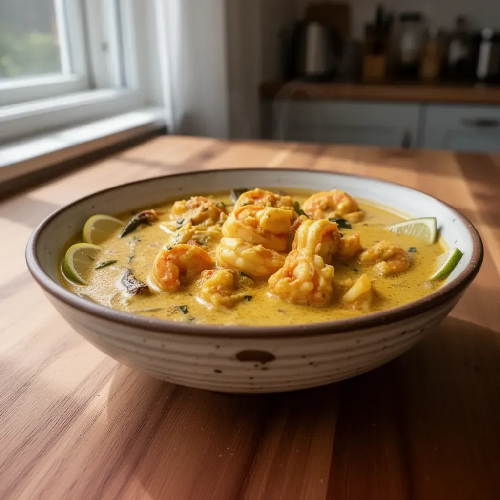 Bowl of Indian Coconut Shrimp Curry with shrimp and spices