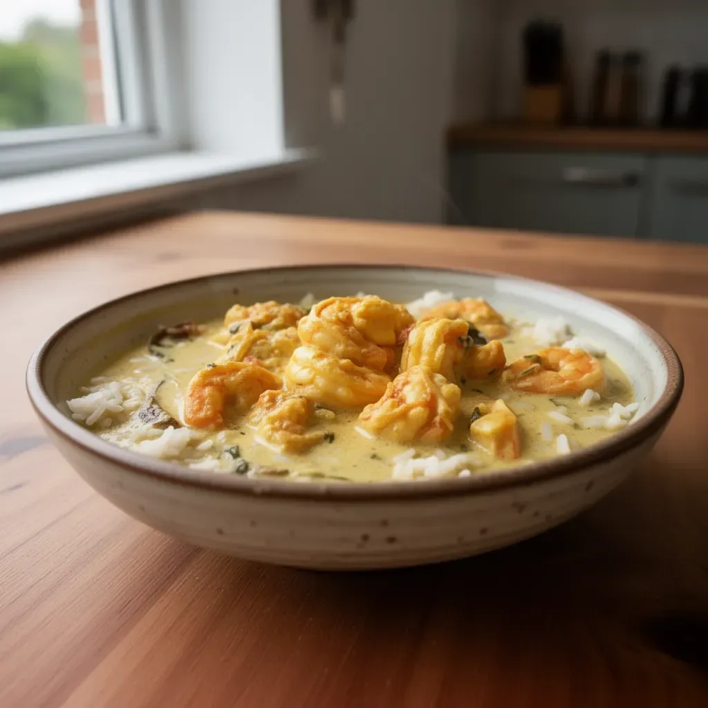 A bowl of Indian Coconut Shrimp Curry garnished with herbs and served with rice.