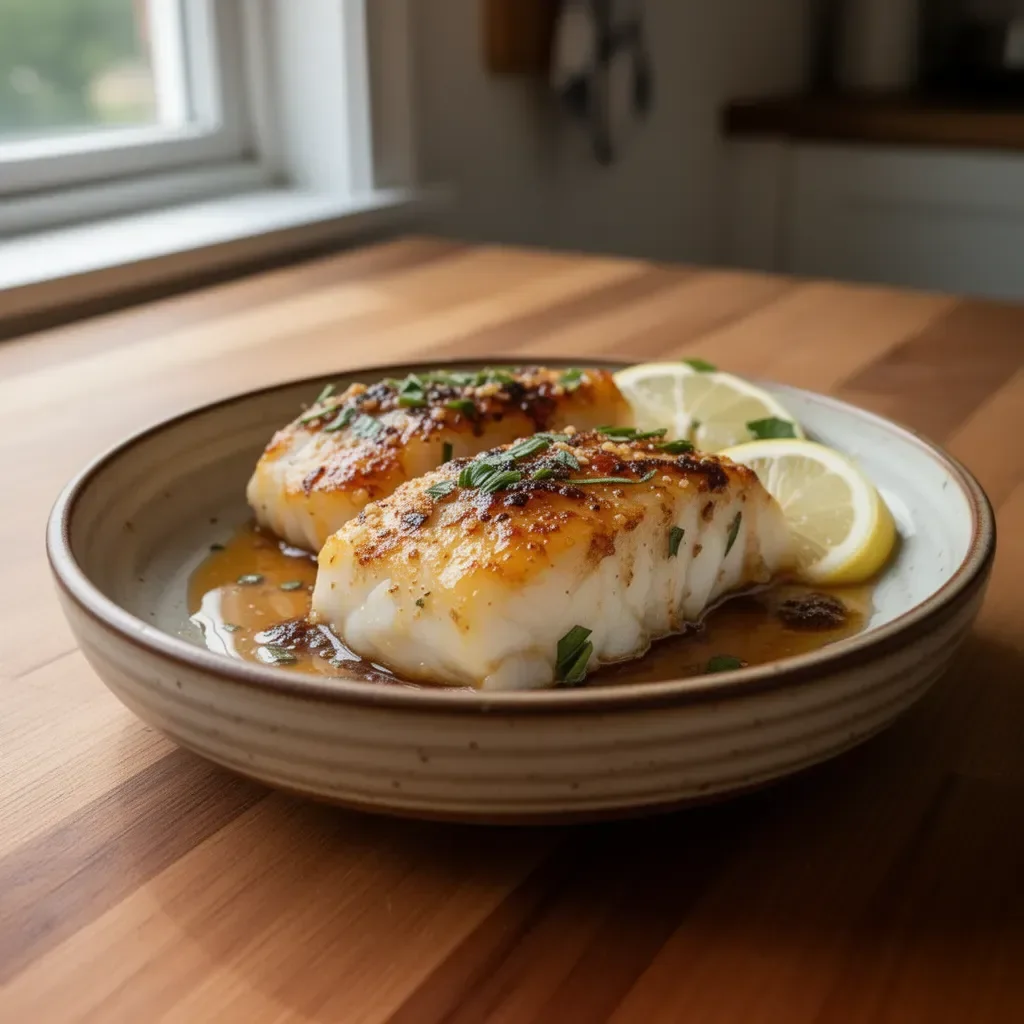 Baked honey marinated cod garnished with herbs on a plate