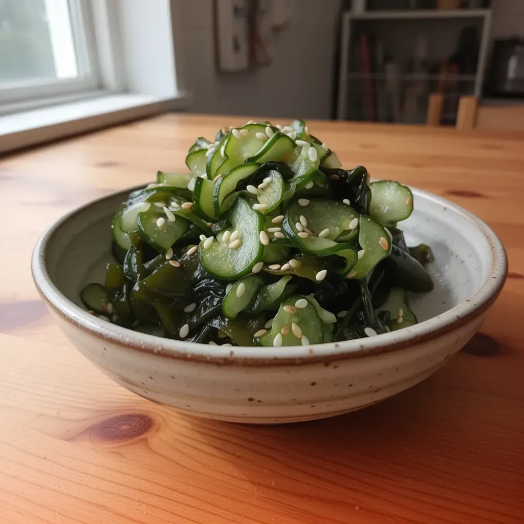 Japanese cucumber and seaweed salad (Sunomono) served in a bowl
