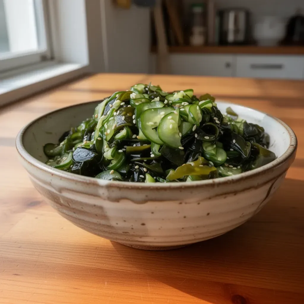 Japanese cucumber and seaweed salad sunomono served in a bowl