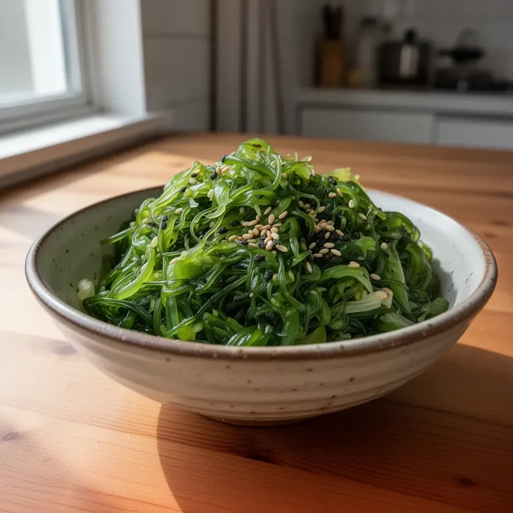 A vibrant bowl of Japanese seaweed salad (wakame) topped with sesame seeds.