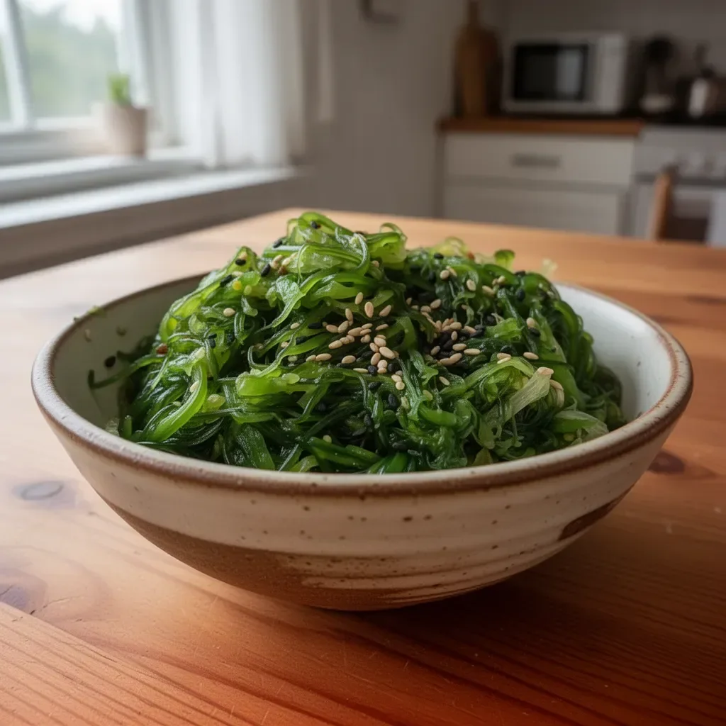 Bowl of Japanese Seaweed Salad (Wakame) garnished with sesame seeds and vegetables