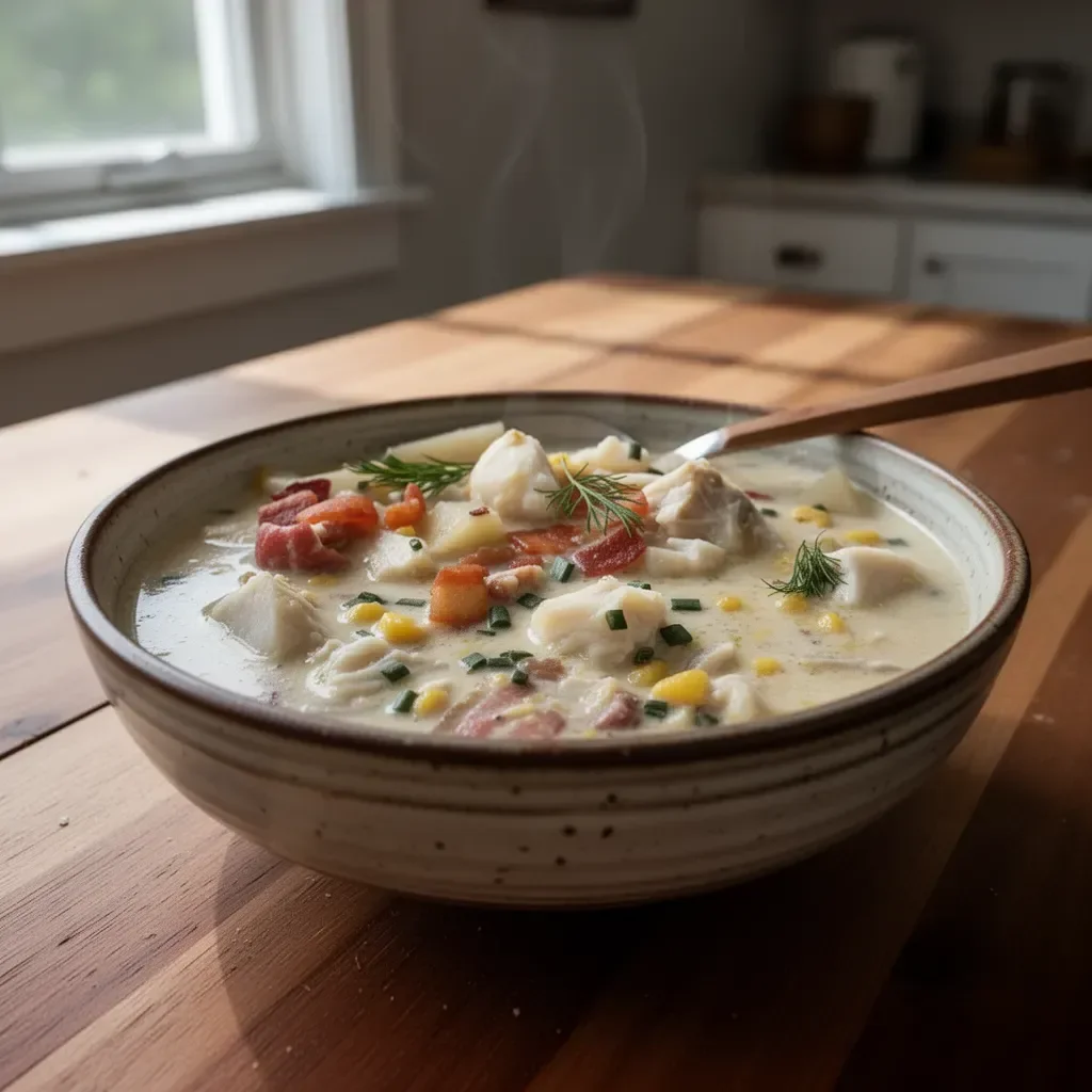 Bowl of Kardea Brown's Fish Chowder garnished with herbs and served hot.