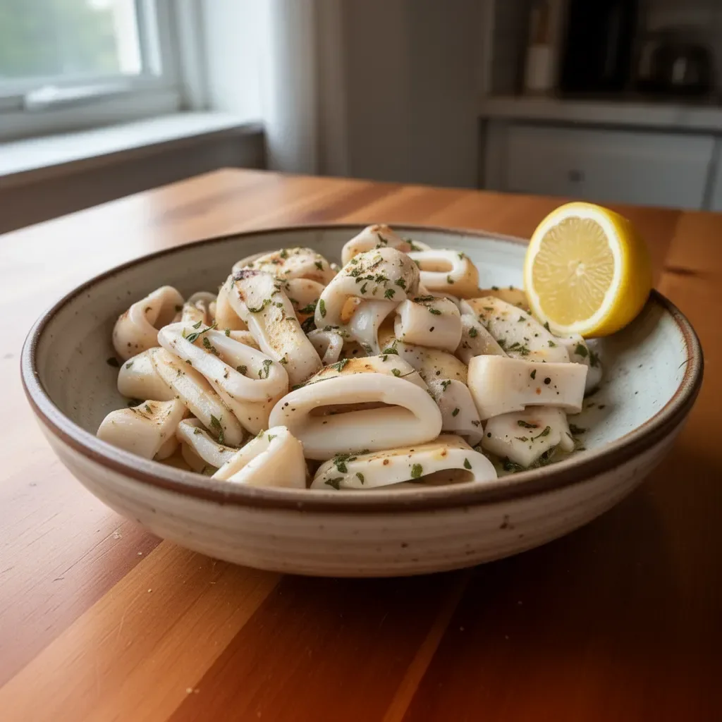 Delicious lemon pepper grilled calamari served on a plate