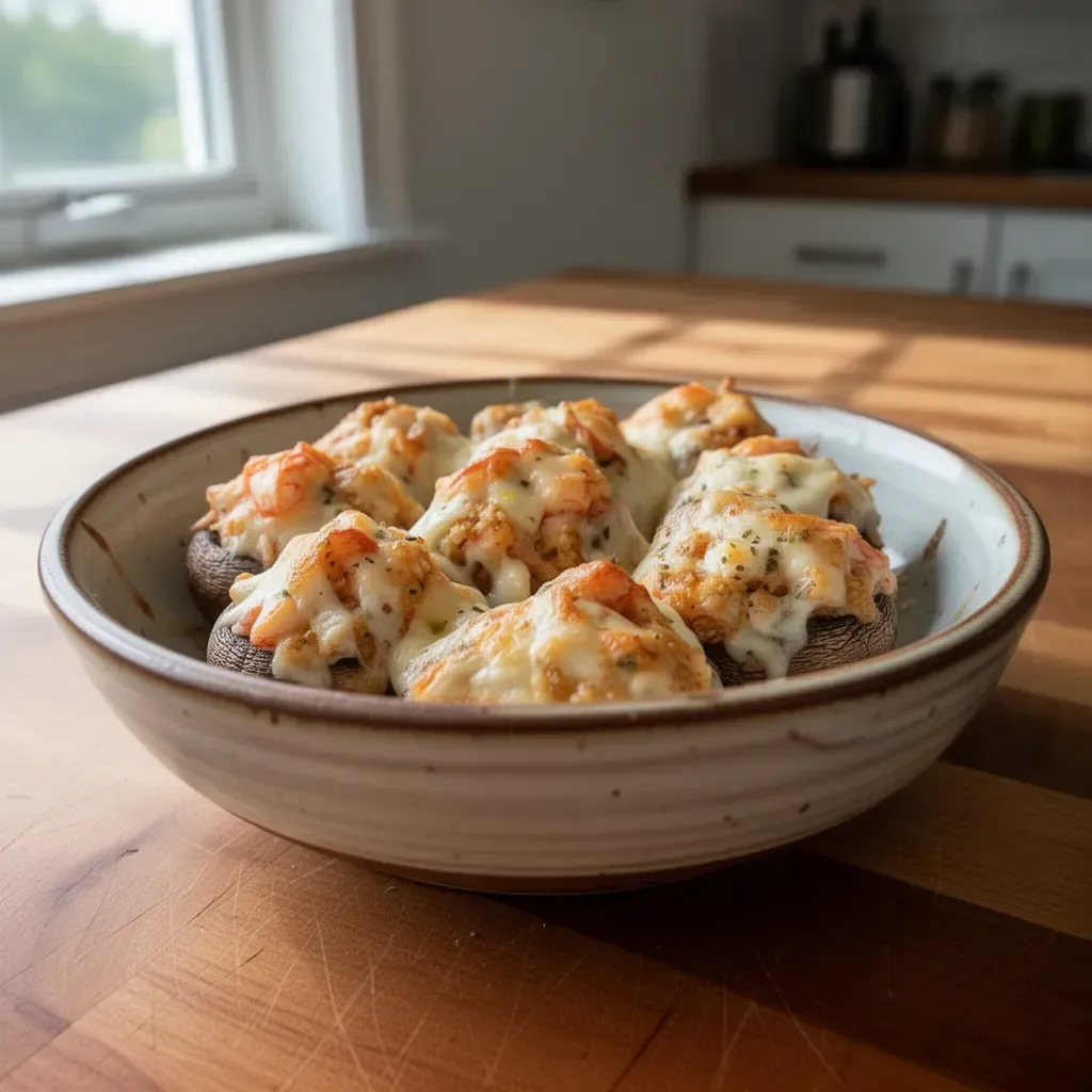 Lobster and crab stuffed mushrooms appetizer plated elegantly