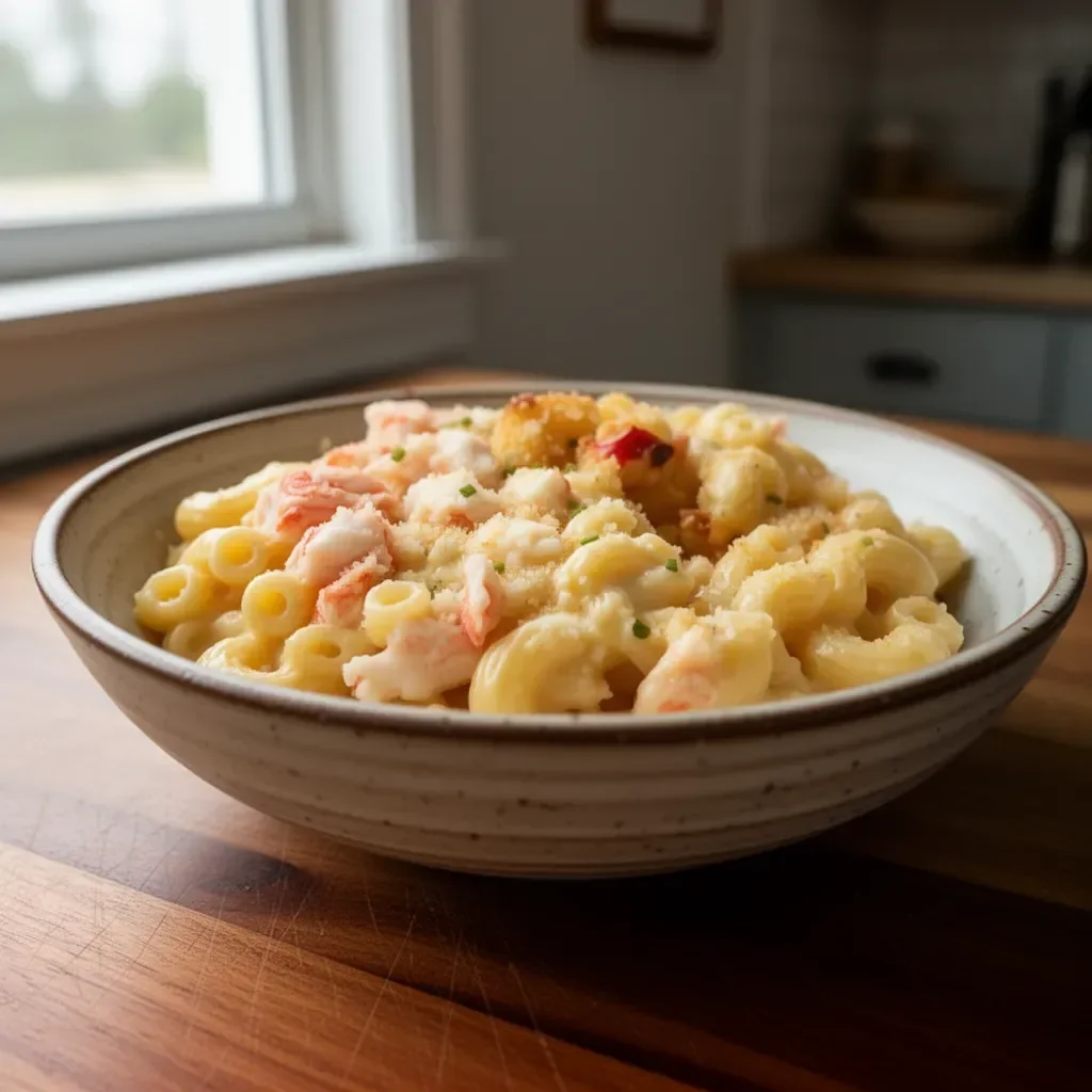 Delicious Lobster Mac and Cheese served in a bowl, garnished with herbs.