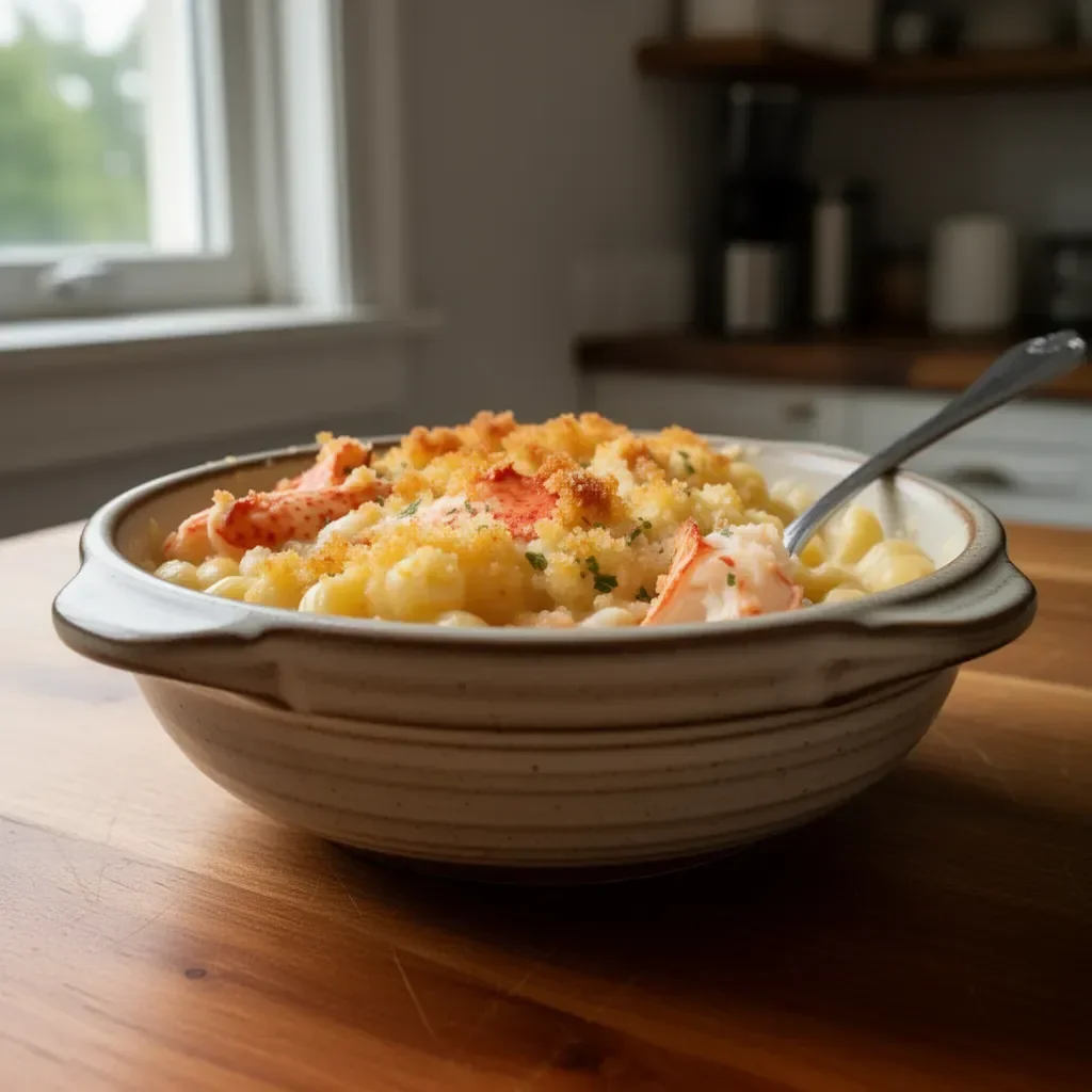 Delicious Lobster Mac and Cheese with creamy sauce and lobster chunks.