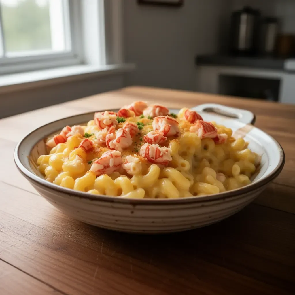 Delicious Lobster Mac and Cheese served in a bowl with a golden crust.
