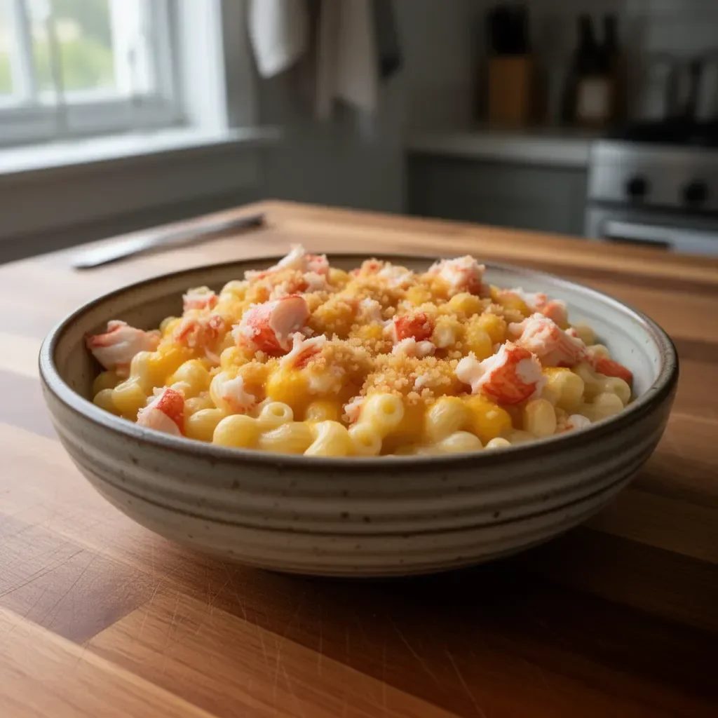 Delicious Lobster Mac & Cheese topped with breadcrumbs and melted cheese
