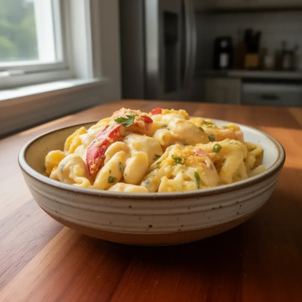 Delicious lobster mac and cheese served in a bowl with melted cheese and lobster pieces.