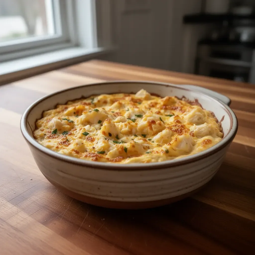 Delicious Maryland crab dip served with crackers and garnished with parsley