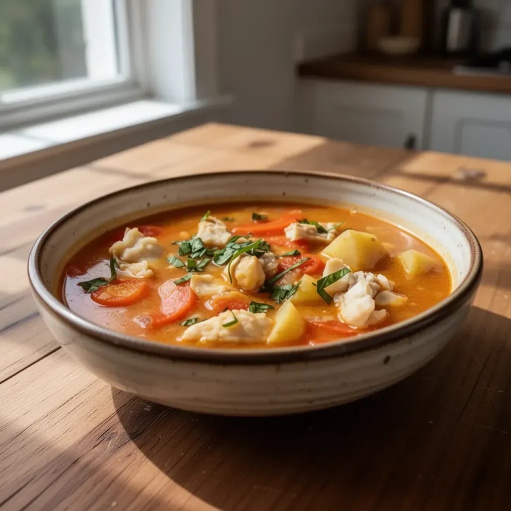A vibrant bowl of Mediterranean fish stew garnished with herbs and fresh vegetables.