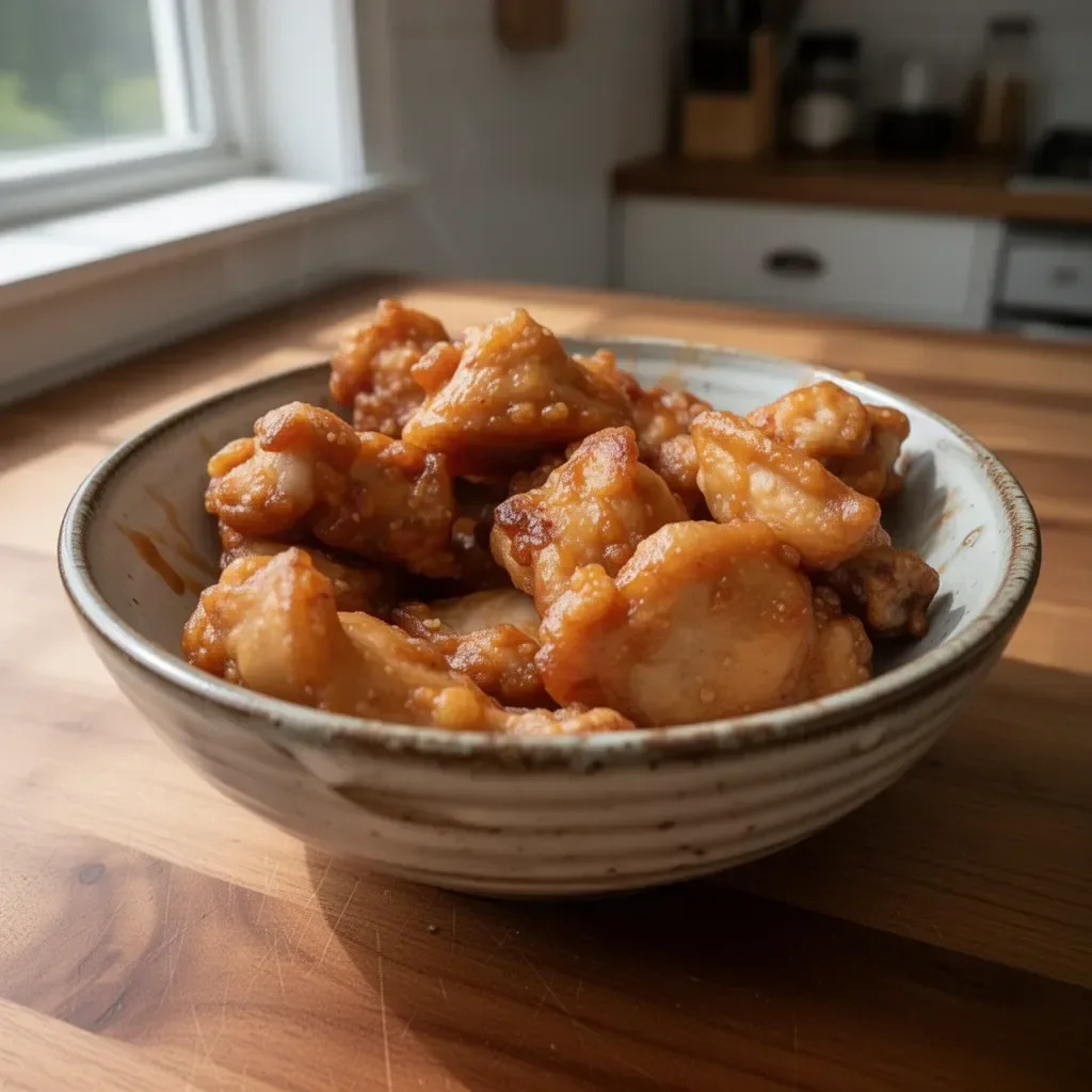 Delicious plate of crispy Mochiko Chicken garnished with sesame seeds and green onions.