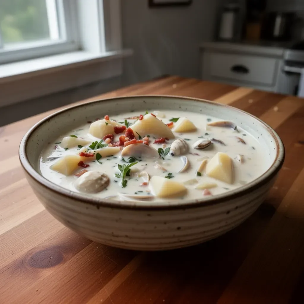 Delicious bowl of New England clam chowder with clams, potatoes, and herbs