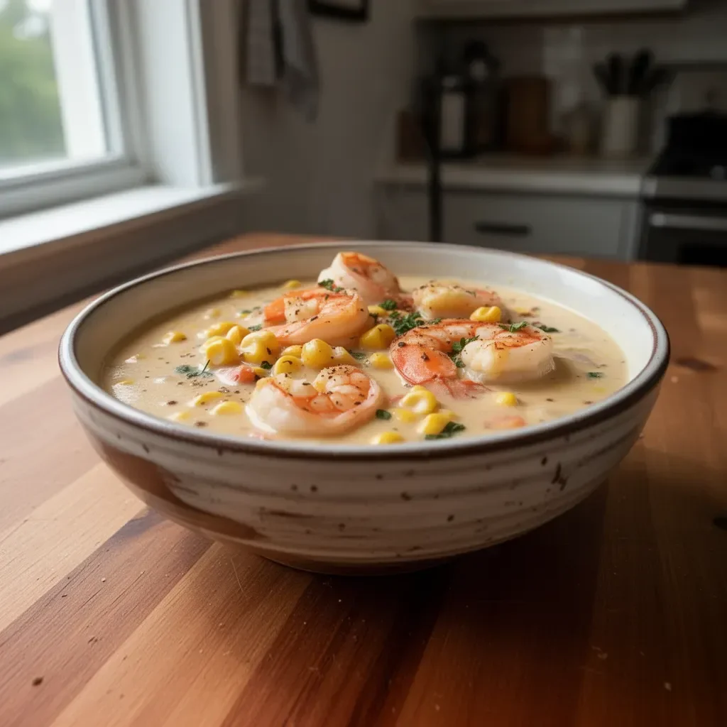Bowl of New Orleans shrimp and corn bisque garnished with herbs and spices