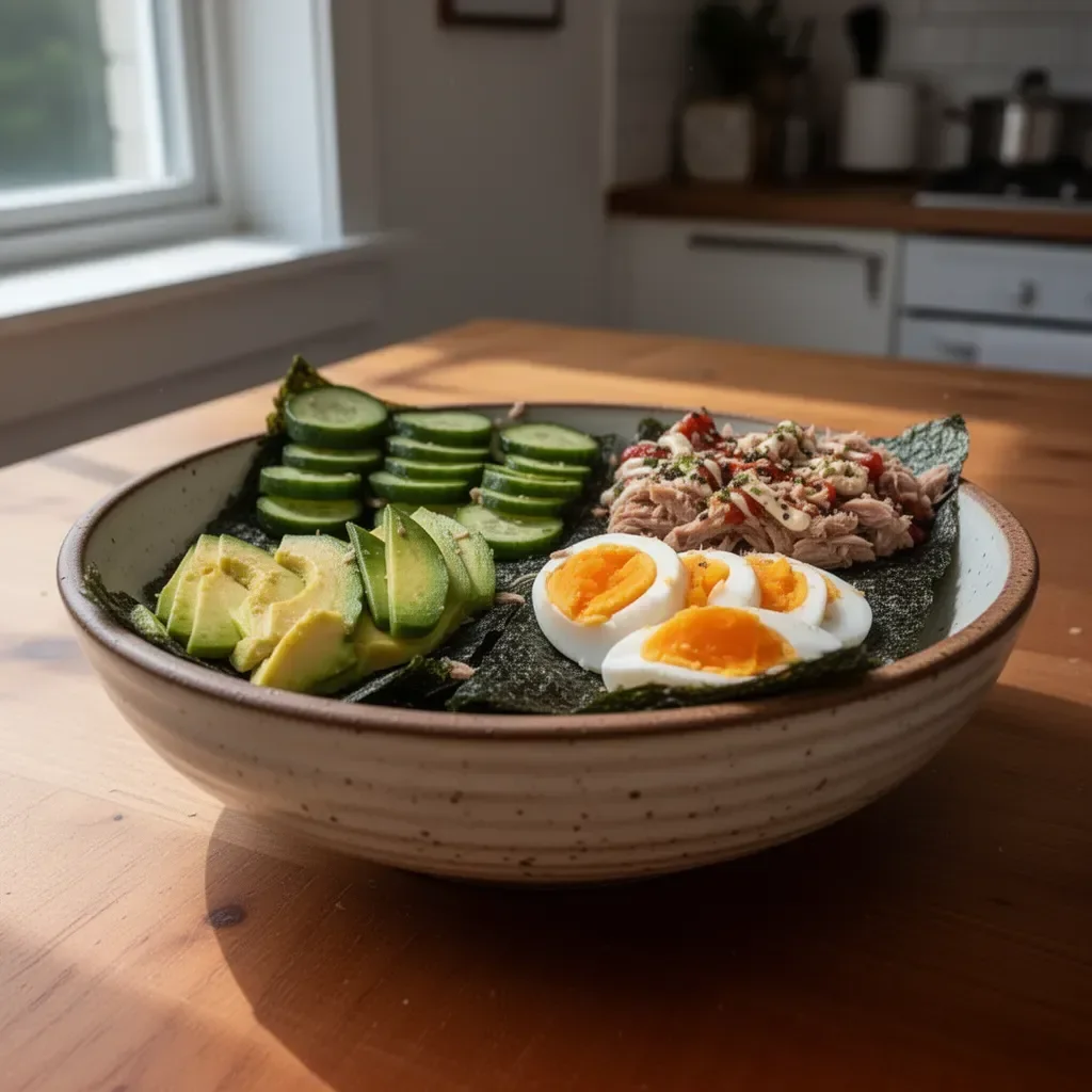 Nori wraps with canned tuna and fresh vegetables on a plate