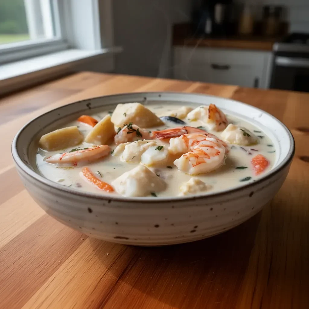 Bowl of delicious Nova Scotia seafood chowder with fresh seafood ingredients