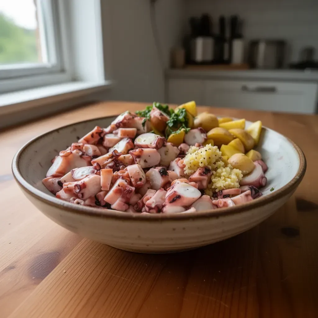 Delicious octopus salad garnished with fresh herbs and lemon slices.