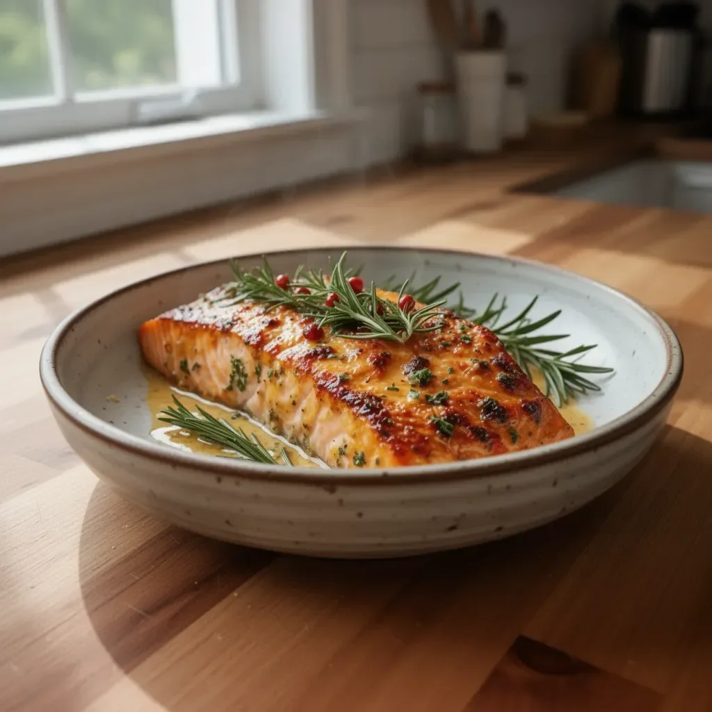 Oven-baked honey mustard salmon garnished with herbs and served on a plate.