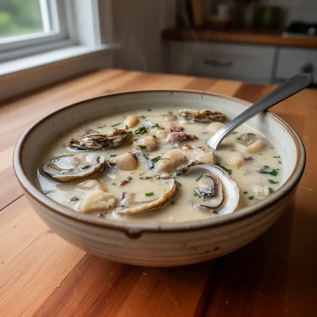 Delicious bowl of creamy Oyster Stew garnished with herbs