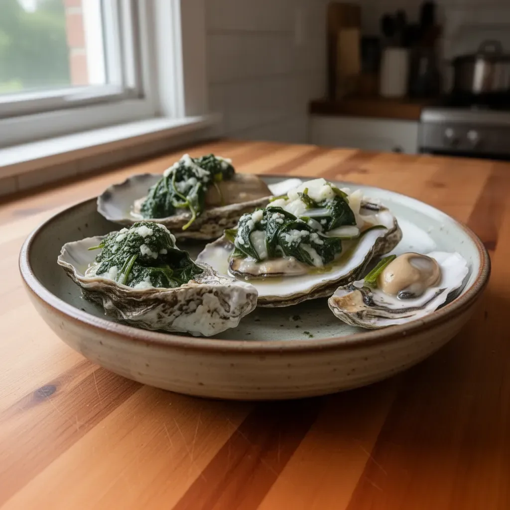 Baked Oysters Rockefeller topped with herbs and cheese