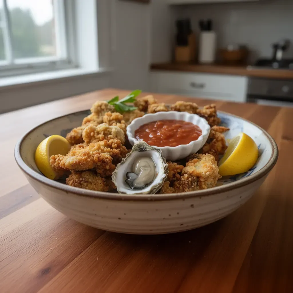 Delicious pan fried oysters served with a lemon wedge and dipping sauce.