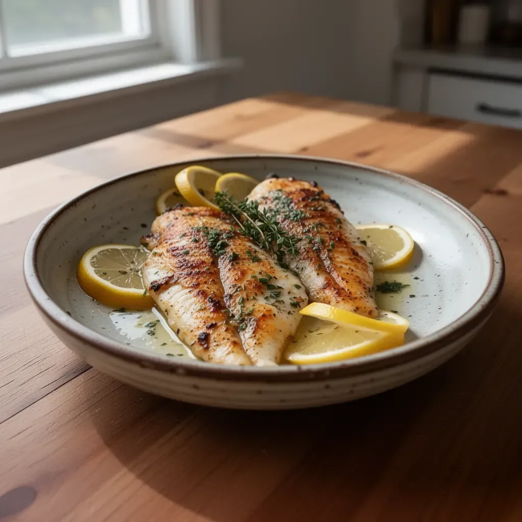 Plate of pan seared tilapia with herbs and lemon garnish
