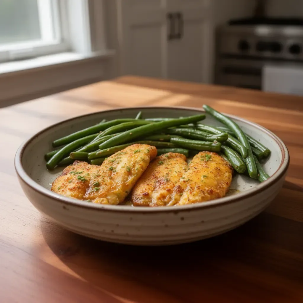 Pan-seared tilapia fillet garnished and served on a plate with herbs